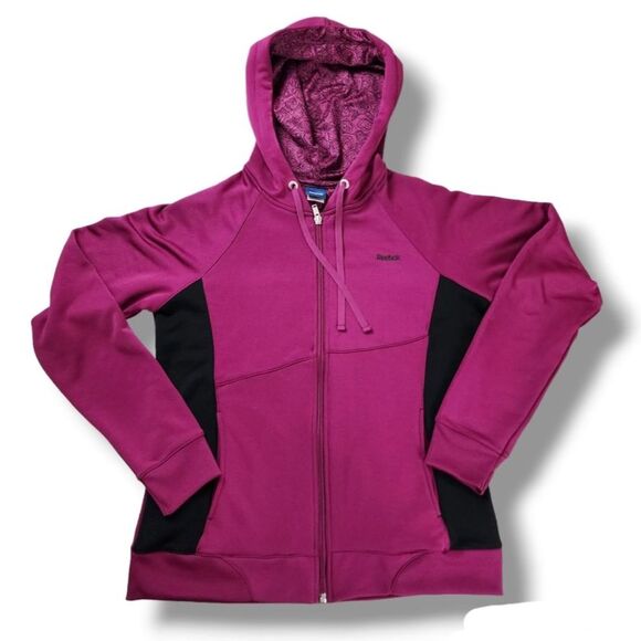 Reebok Zip-Up Hoodie Fitted Sweatshirt Running Sport Jacket Purple Black Size L - Picture 1 of 13